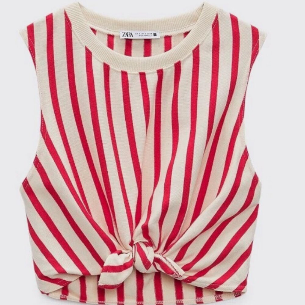 Zara Womens Red Beige Striped Front Knot Cropped Blouse Top Size Small With Tag